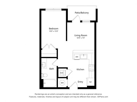 Floor plan for studio, 1 bath, 581 sqft
